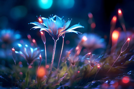 Close up of a beautiful flower in the forest with bokeh lightsの素材