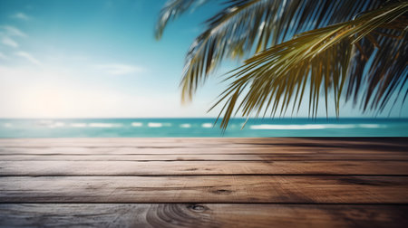 Wooden deck table top on blur tropical beach background - Can be used for display or montage your productsの素材