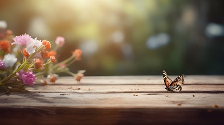 Butterfly and flower on wooden table with bokeh backgroundの素材