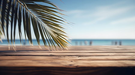 Wooden deck with palm leaf on the background of the sea.の素材