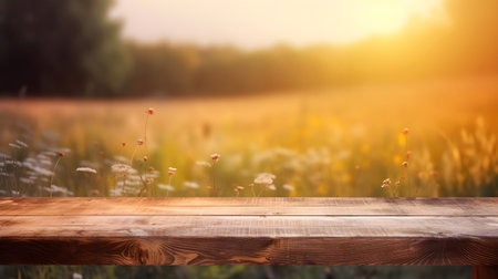 Wooden table in front of blurred wheat field background. Ready for product display montageの素材