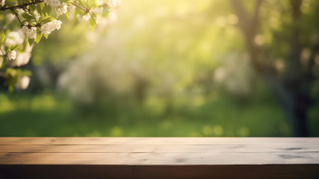 Wooden table in front of blurred spring blooming garden background. Ready for product display montageの素材