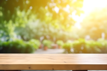 Empty wooden table top on blur green nature background,For montage product display or design key visual layoutの素材