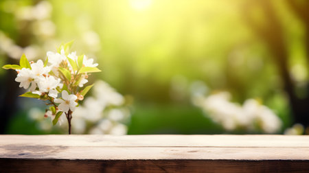 Wooden table with cherry blossoms on blurred green nature background.の素材