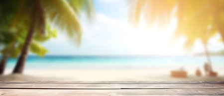 Wooden table over blurred tropical beach background. Summer vacation and travel conceptの素材