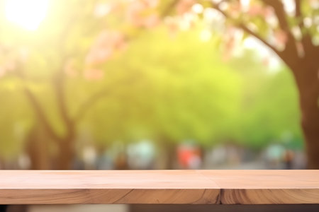 Empty wooden table and blurred background with bokeh image. For product displayの素材