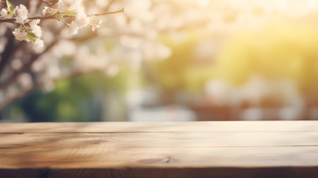 Wooden table in front of blooming tree. Spring background.の素材