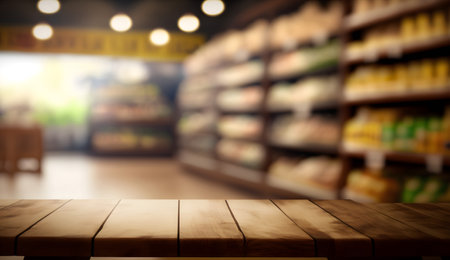 Empty wooden table and Coffee shop blur background with bokeh image.の素材