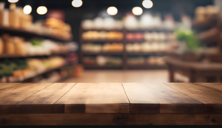 Empty wooden table and blurred background of supermarket, product display montageの素材