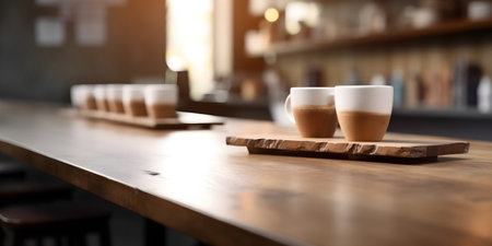 Coffee cups on wooden table in coffee shop, closeupの素材