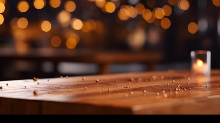 Wooden table in a cafe with bokeh lights, close upの素材