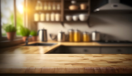 Empty wooden table and blurred kitchen interior background, product display montageの素材