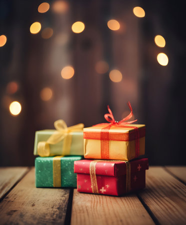 Gift boxes on wooden table with bokeh lights background.の素材