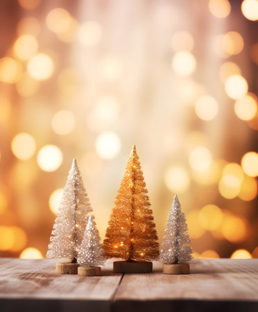 Christmas tree on wooden background. Festive bokeh background.の素材