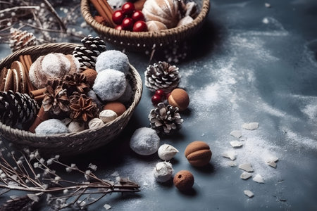 Christmas and New Year background. Decorations in the form of balls, cones, cinnamon, anise stars, nuts, berries on a blue background.の素材