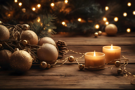 Christmas decoration with burning candles and christmas tree on wooden background.の素材