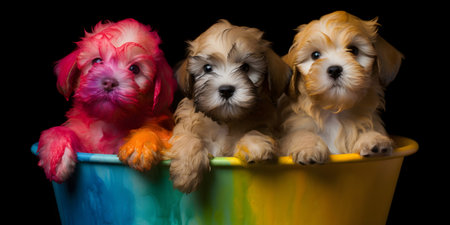 Cute Shih Tzu puppies in a bathtub on black backgroundの素材