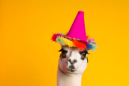 Alpaca in a party hat on a yellow background with copy spaceの素材