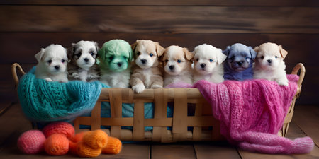 group of cute chihuahua puppies in basket on wooden backgroundの素材