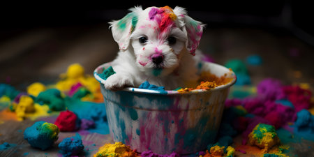 White puppy of Maltese playing with colored sand in a bucket.の素材