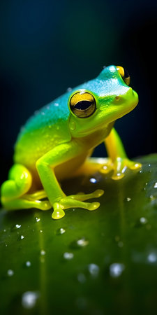 Green tree frog on a green leaf in the rainforest of Costa Ricaの素材