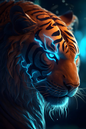 Tiger with blue and orange light in the dark. 3D renderingの素材