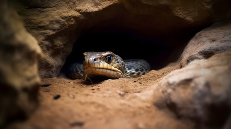 Close-up of a snake in a cave. Reptile.の素材