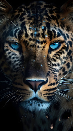 Leopard portrait with blue eyes on a black background. 3d renderingの素材