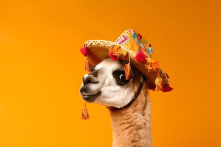 Cute alpaca wearing mexican hat on orange backgroundの素材