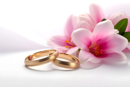 Wedding rings and pink flowers on white background, close upの素材