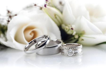 Wedding rings on a white background with a bouquet of flowersの素材