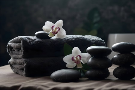 Spa still life with orchids and towels on dark backgroundの素材
