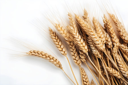 Bunch of wheat ears on white background, top view, copy spaceの素材