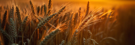 Sunset over the field with ears of wheat. Selective focus.の素材
