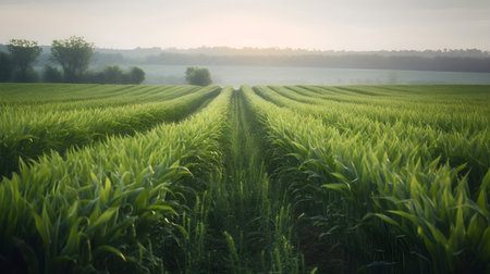 Corn growing on a field in the early morning light. Agricultural landscape.の素材