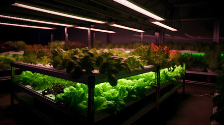 Organic hydroponic vegetable in hydroponic farm at nightの素材