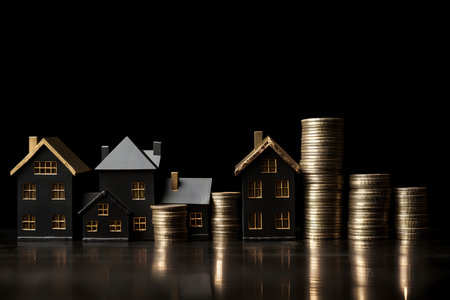 Real estate investment concept with house model and coins on black background.の素材