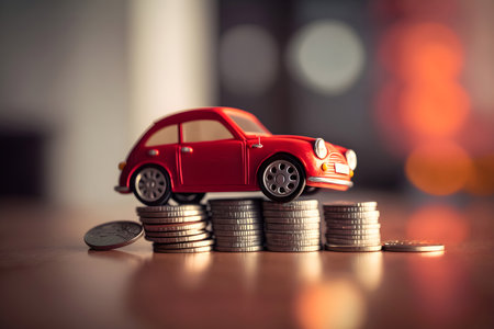 Miniature red car and coins stack on wooden table with bokeh backgroundの素材