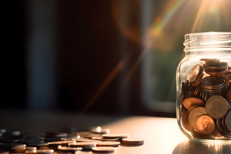 Coins in a glass jar with sunlight. Saving money concept.の素材