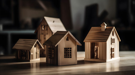 Wooden toy houses on wooden table. Real estate business concept.の素材