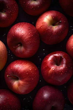 Red apples with water drops on black background. Top view, flat layの素材