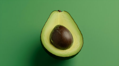 Half of avocado on a green background, close-up, top viewの素材