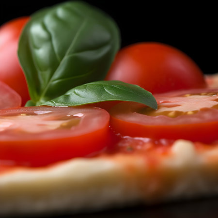 Pizza with tomatoes and basil on a black background. Selective focus.の素材