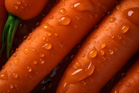 Close-up of fresh carrots with water drops. Food background.の素材
