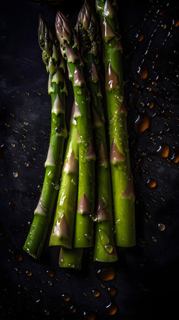 Bunch of fresh green asparagus on black background with water dropsの素材