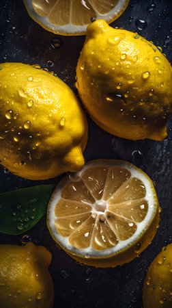 Lemons and lemons with water drops on a dark backgroundの素材
