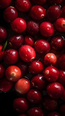 Cranberries with drops of water on a dark background, top viewの素材