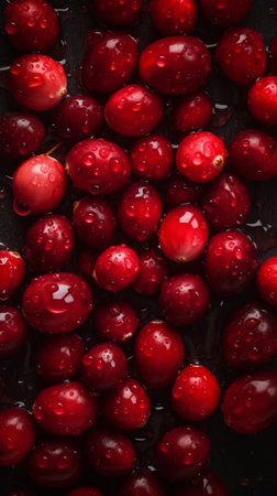 cranberries with water drops on a black background. topviewの素材