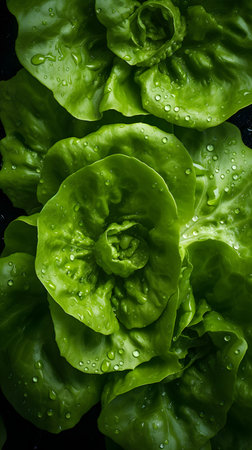 Fresh green salad with water droplets on black background, top viewの素材
