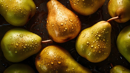 Ripe pears with water drops on dark background, top viewの素材